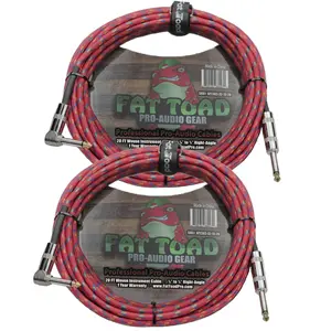 Guitar Cables (2 Pack) Right Angle to Straight-End Instrument Cord Tweed Cloth Jacket by FAT TOAD | Braided Woven 20 FT 1/4 Inch Gold Jack TS for Electric Guitar Pedal, Bass, Audio Speaker, Amplifier