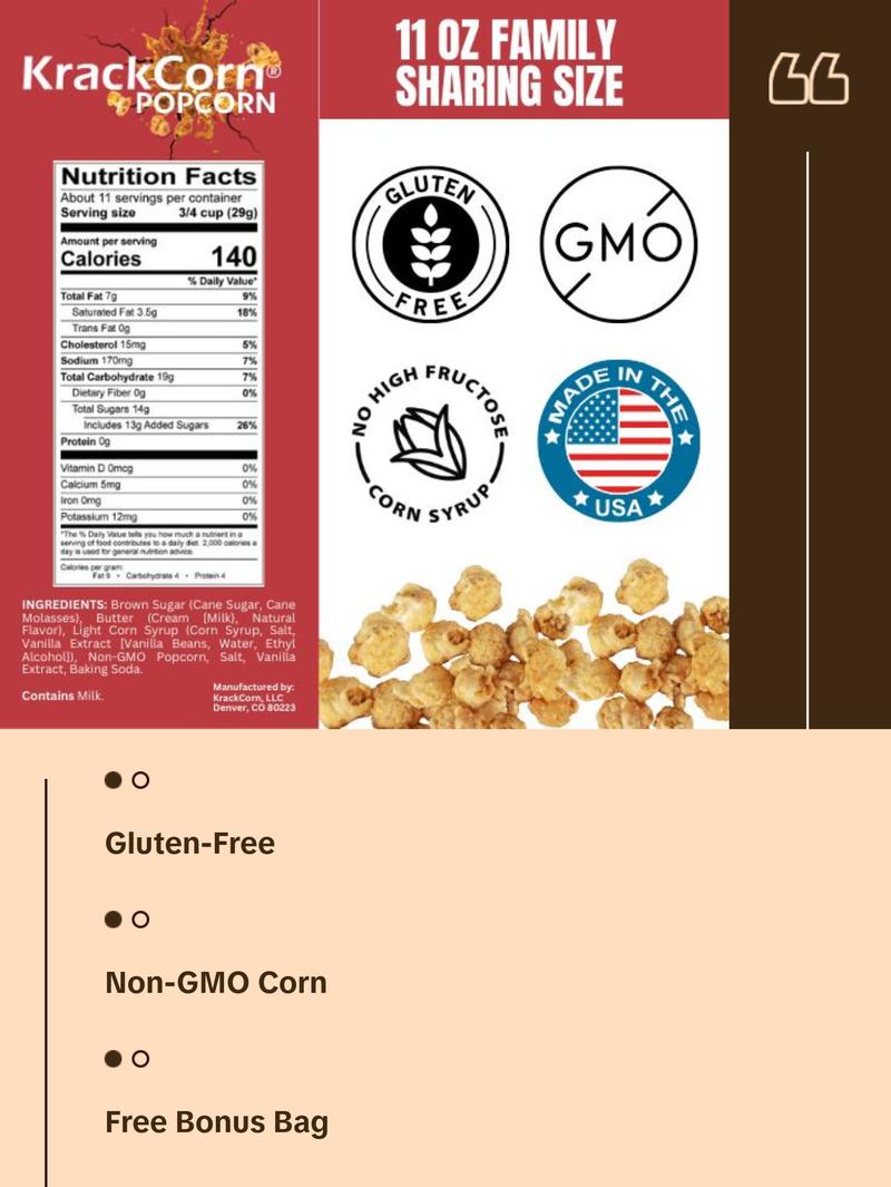KrackCorn Popcorn Large 5-Bag Variety Pack+FREE Bag! Three Flavors. Crunchy Caramel. Savory Cheese. Spicy Jalapeno Heat. Gluten Free. Non GMO Corn. No High Fructose Corn Syrup.