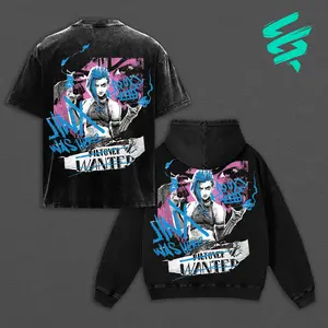Jinx Arcane Graphic Tee Hoodie Oversized Vintage Washed Cotton T-Shirt League of Legends Merch Harajuku Streetwear Y2K Retro Unisex Punk Rock Top Aesthetic Hip Hop Loose Fit Pullover for Fans Gift