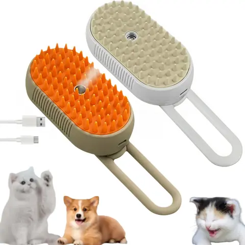 3-IN-1 Pet Steam Brush Groomer Tools - USB Rechargeable for Travel, Adjustable Steamy Mist Comb for Cats & Dogs, Steam Loosens Dead Fur, Mist Softens Coat, Reduces Baths, Clean Hair Removal Accessory with Massaging Function to Promote Blood Circulation