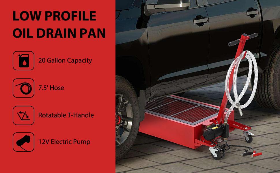 【GARVEE】20 Gallon Low Profile Oil Drain Pan with 12V Electric Pump, 8FT Hose, Foldable Handle, and Wheels - Portable 76L Capacity Oil Drain Tank for Cars, SUVs, and Trucks