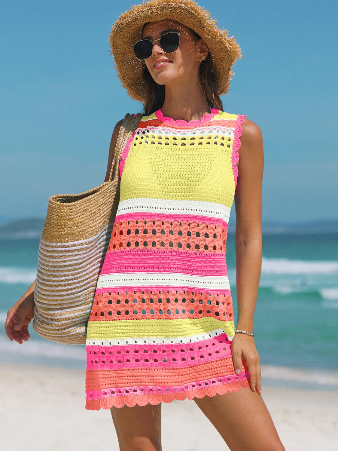 Popvil Color Contrast Women’s Crochet Knit Swim Cover-Up Dress with Colorblock Design – Vacation & Beach Ready