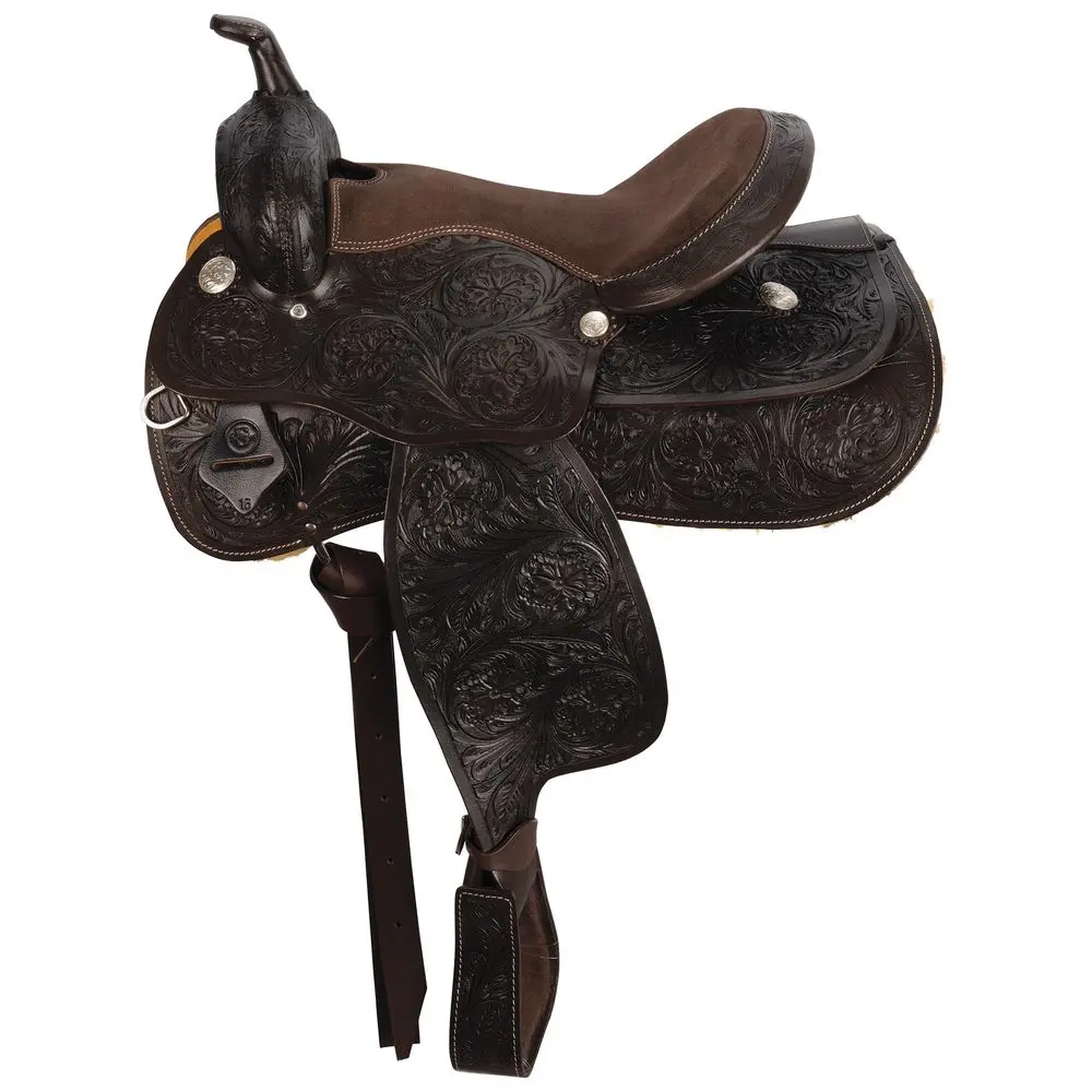 Western Show Equestrian Saddle - Floral Tooling, Dark Suede Seat, Lightweight Fiberglass Tree, Short Skirt, Nylon Tie Strap, Stainless Steel Hardware for Equestrian Events, Farm Use, General Horse Riding