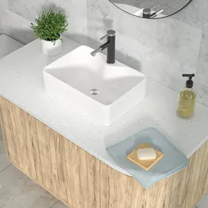 Kichae 16"x12" Rectangle Bathroom Vessel Sink Porcelain Ceramic White Vanity Sink Above Counter Design with Faucet Hole Modern Sink for Lavatory, Hotel Art Basin