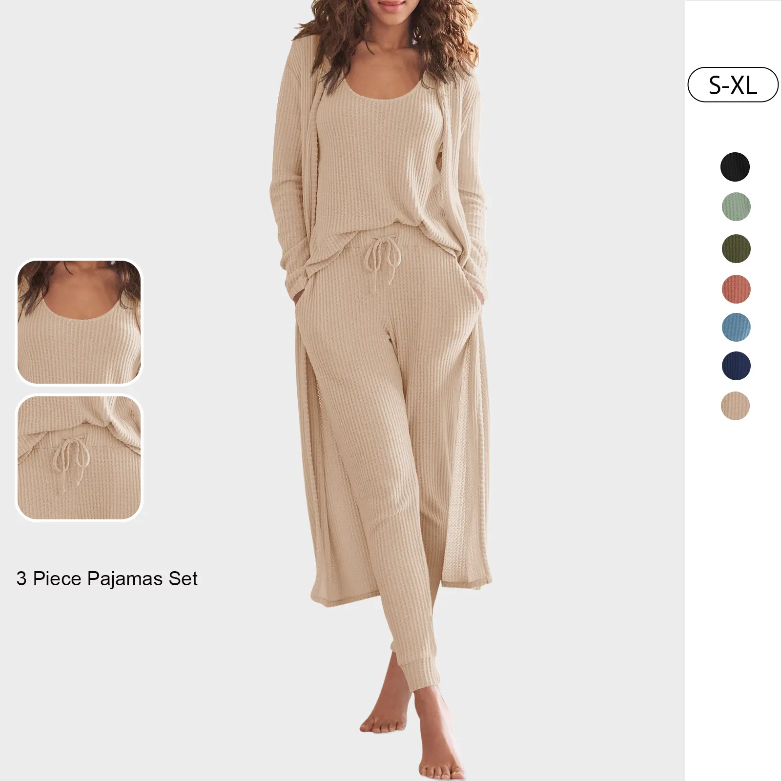 Tankaneo Womens Lounge Set Waffle Knit 3 Piece Pajama Sets Tank Tops Loose Pants with Long Cardigan Loungewear 2026