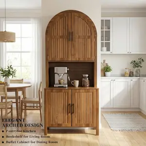 76" Tall Arched Kitchen Pantry, Large Kitchen Storage Cabinet with Fluted Doors and Microwave Stand, Modern Wood Buffet Sideboard, Adjustable Shelves, Cupboard for Dining Room, Living Room, Walnut