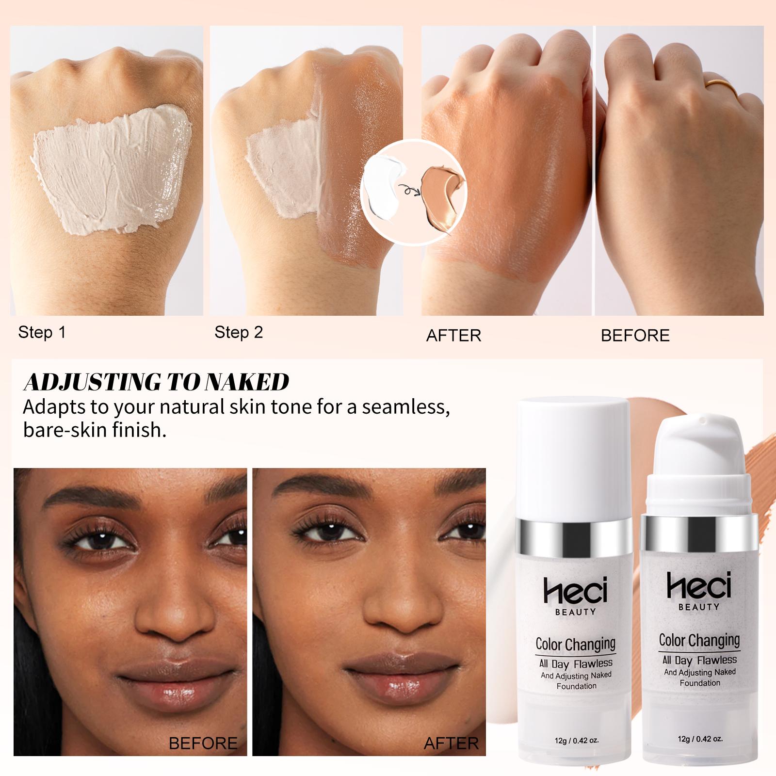 HECI Color Changing Foundation - 3-in-1 Flawless Natural Nude Finish, Self-Adjusting Blemish-Covering Lightweight Hydrating Cream, 2-for-1 Deal for Women (Ideal for Dancing, Naked Look), Even Skin Tone HECI Color Changing Foundation - 3-in-1 Flawless Natural Nude Finish, Self-Adjusting Blemish-Covering Lightweight Hydrating Cream, 2-for-1 Deal for Women (Ideal for Dancing, Naked Look), Even Skin Tone