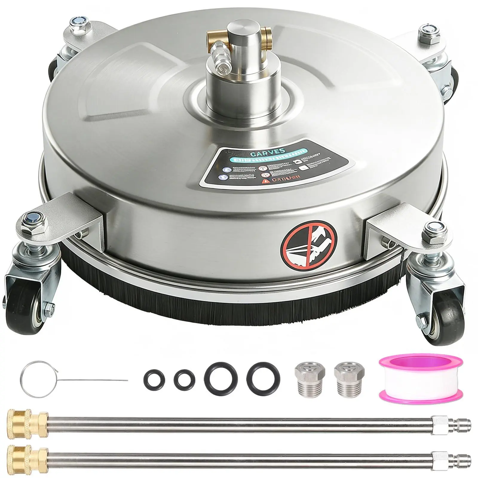 18-in Stainless Steel Pressure Washer Surface Cleaner Attachment Kit with 4-Wheels & Round Base, Patio Tool for Driveway, Deck Cleaning