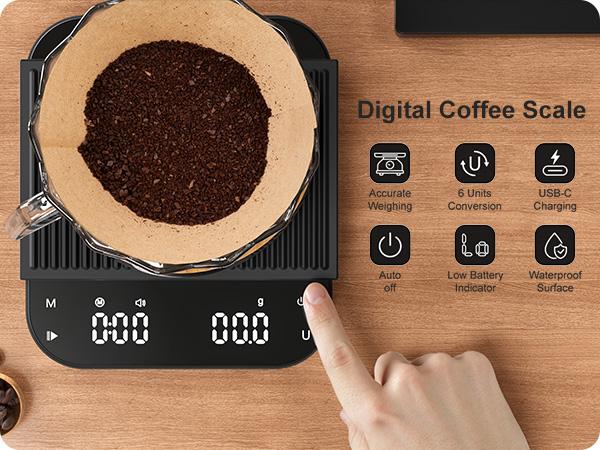 Ultrean Coffee Scale Rechargeable Espresso Scale with Timer 3kg 0.1g Accuracy for Pour Over and Drip Coffee Digital Weighing Machine