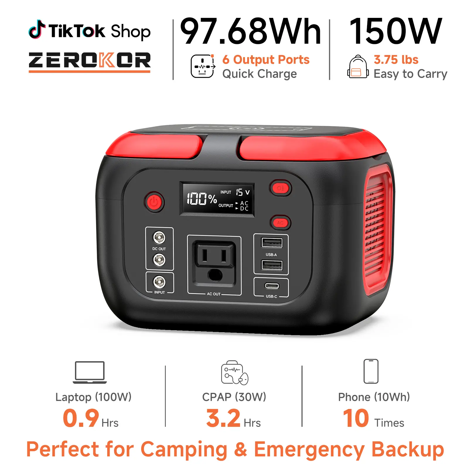 [ZeroKor] Portable Power Bank 150W 97Wh Battery Bank Fast Charging Solar Generator Camping, Portable Power Supply, Outdoor Emergency Battery, Battery Backup Power Supply, Chargeable Portable Battery,back to school