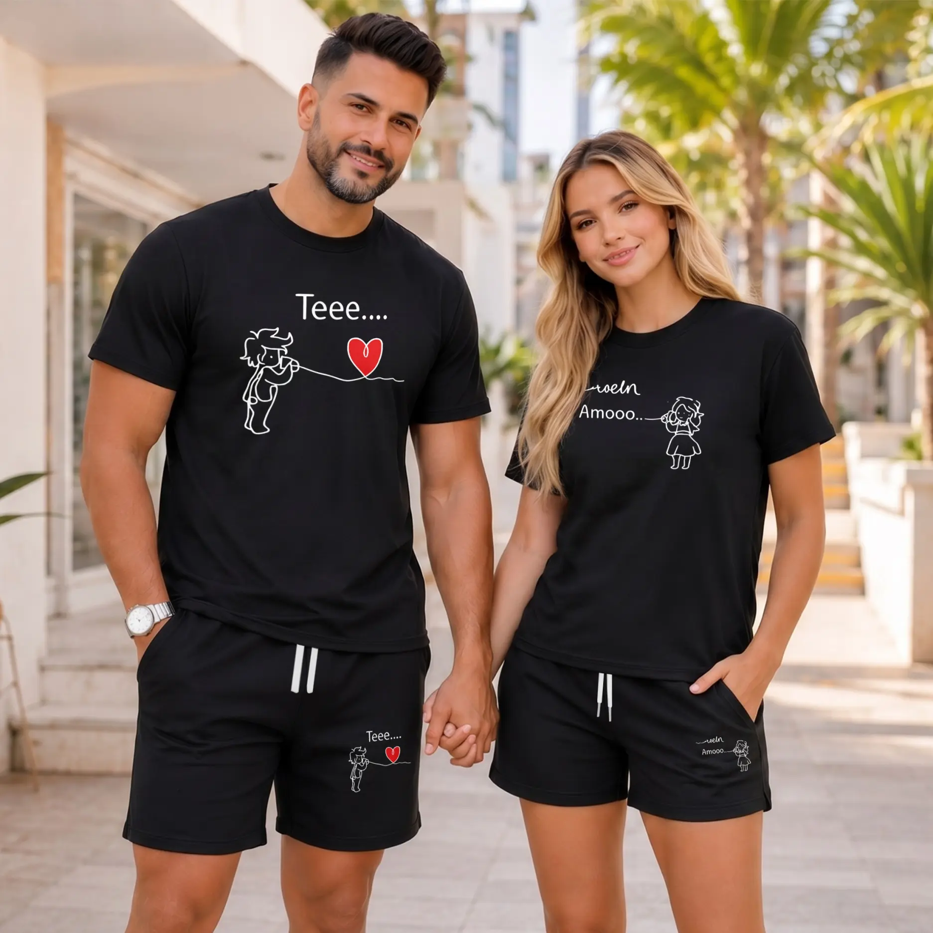 Couples’ Matching Love String Graphic Outfit, Short Sleeve T-Shirt and Shorts Set, Casual Summer Two-Piece Set for Beach and Travel