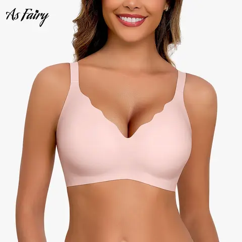 As Fairy Lady's Minimalist Seamless Breathable No Wire V-Neck Bra - Gentle Scalloped Full Coverage Cleavage Sculpt Casual Comfy Everyday Support Bra