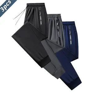 3Pcs Ice Silk Sports Pants Set with Drawstring Elastic Design Zippered Pockets Quick-Dry High-Elastic Fitness Trousers for Indoor Outdoor Sports