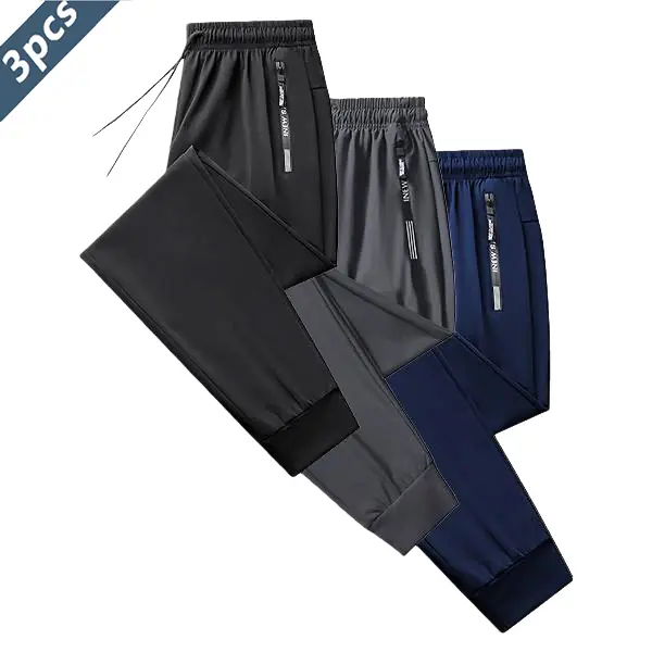 Men's 3Pcs Ice Silk Sports Pants Set - Drawstring Elastic Design, Zippered Pockets, Quick-Dry, High-Elastic Active Gym & Athleisure Pants for Indoor, Outdoor Sports, Active Gym Pants