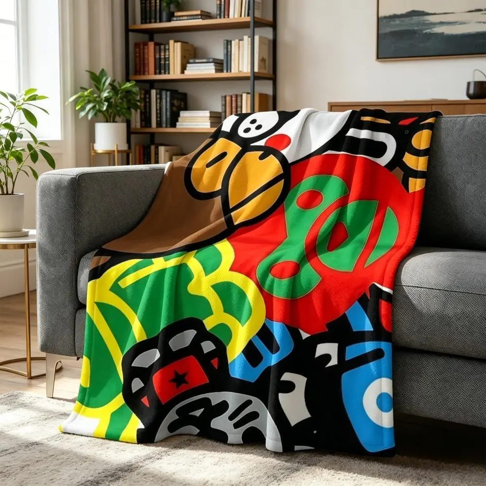 Ultra-Soft Patchwork Print Flannel Blanket with Bold Ape Art & Streetwear Energy, Cool Character Design Throw Blanket for Sofa Bed, Office Nap, Streetwear Gamer Gift
