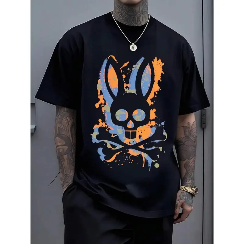 Women's Graphic T-Shirt, 100% Cotton Casual Top with Colorful Skull Rabbit Head & Crossed Bones Design, Rock-Inspired Edgy Look for Distinctive Style, Graphic T Shirts, Women's T Shirts