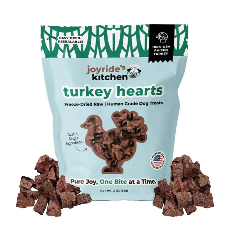 Joyride’s Kitchen 3oz US Sourced & Made Raw Freeze-Dried Turkey Hearts Dog Treats - All Ages, Single Ingredient, Human Grade, Gluten-Free, Grain-Free, No Fillers/Preservatives, High Protein, B Vitamins, Heart Health, High-Value Training Aid