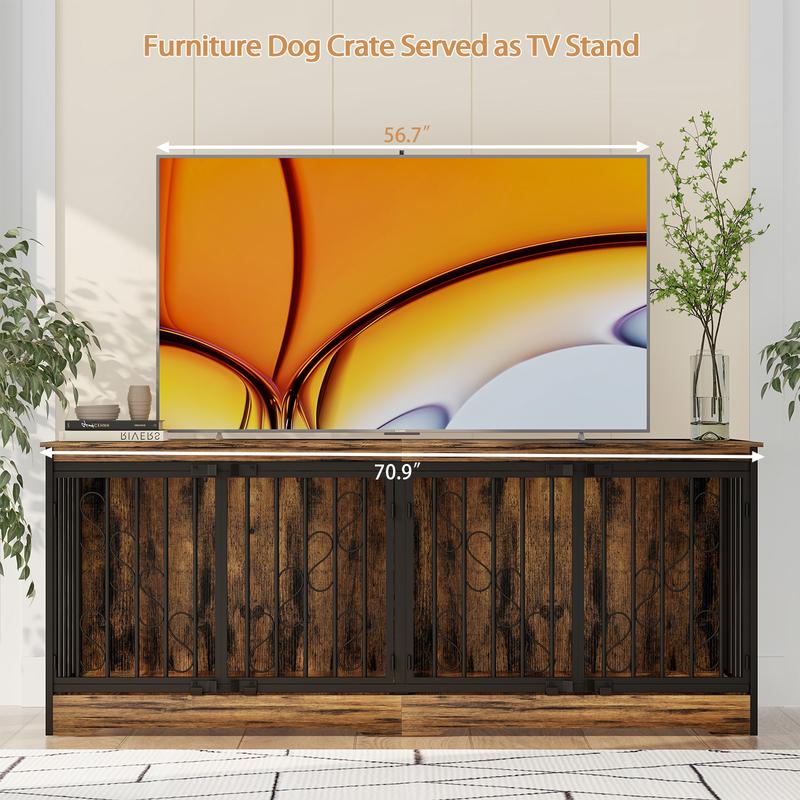 71 Inch Double Dog Crate Furniture Large Breed for 2 Dogs, Decorative Wooden Dog Crates Indoor Dog Kennel TV Stand for Medium Dogs, Dog Cage Furniture Heavy Duty Pet House with Divider, Brown