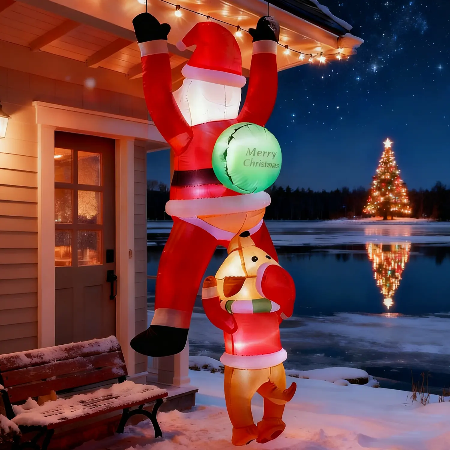 AMUNDO 6FT Hanging Christmas Inflatable Climbing Santa with Dog, PVC & Polyester Construction, LED Lights, Bottom Zipper for Rapid Deflation, Indoor-Outdoor Holiday Decor, Christmas Decorations, Party Decoration