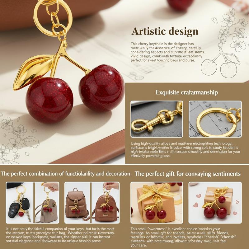 Cherry Themed Keychain and Bag Charms are cute accessories for handbags purses and car keys ideal for gifting to women and fashion lovers