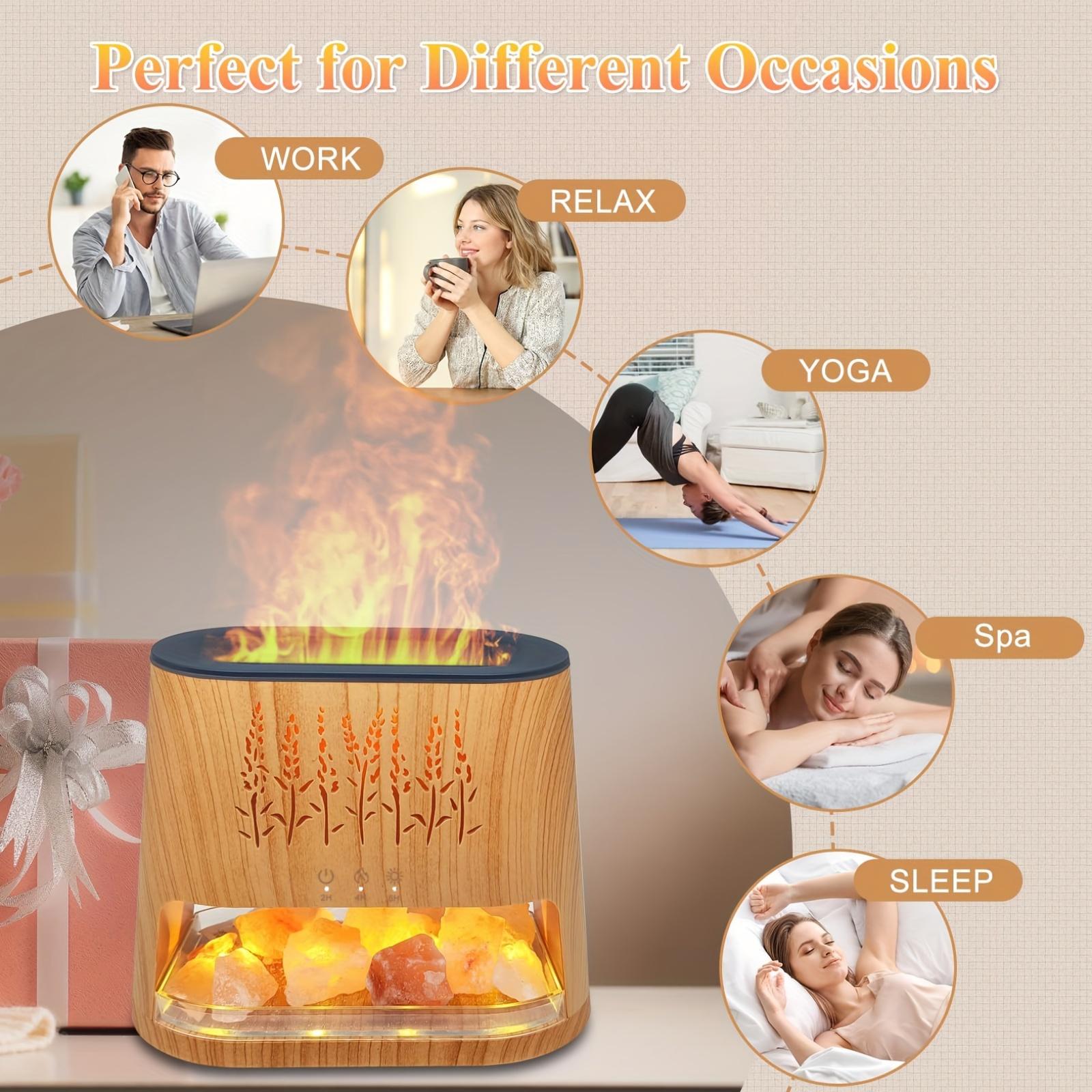 Fireplace Flame Diffuser & Himalayan Salt Lamp with Remote Control, 8 Colors Diffuser Cool Mist Humidifier with Timer Auto Off Function for Home, Bedroom, Offie, Yoga, Bedroom Humidifier, Aromatherapy Device, Modern Humidifier, Remote Control