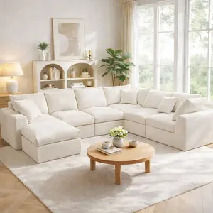 Cloud Sectional Couches for Living Room L-Shaped Convertible Sofa 2-7-Seat Modular Boneless Couch with Movable Ottoman Beige Tool-Free Assembly Family & Pet-Friendly Deep Seating Comfort