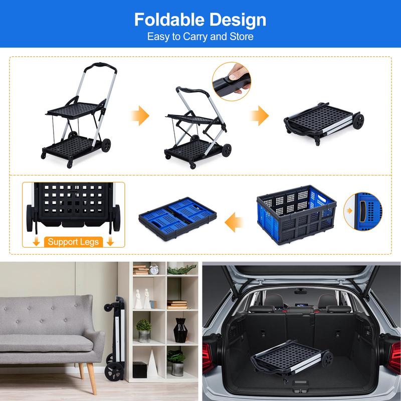 GARVEE Collapsible 2-Tier Rolling Storage Cart with Removable Crate, Multi-Use Folding Portable Grocery Cart on Wheels for Home, Office, Picnic, and More