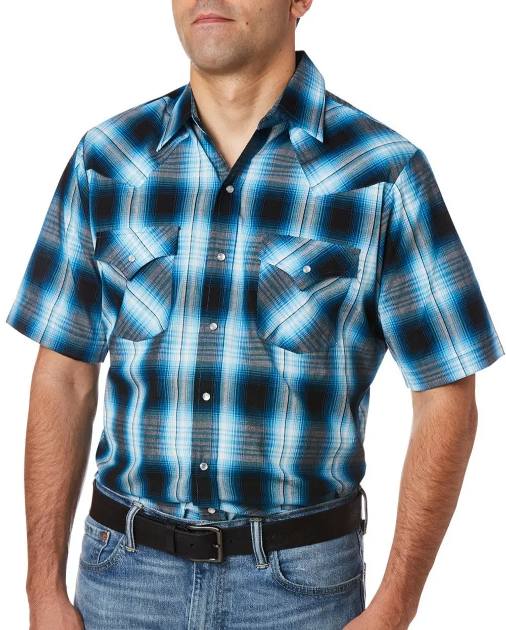Men's Ely Cattleman Shortsleeve Checked Western Snap Shirt, Menswear Top with Durable Fabric and Functional Pocket, Casual