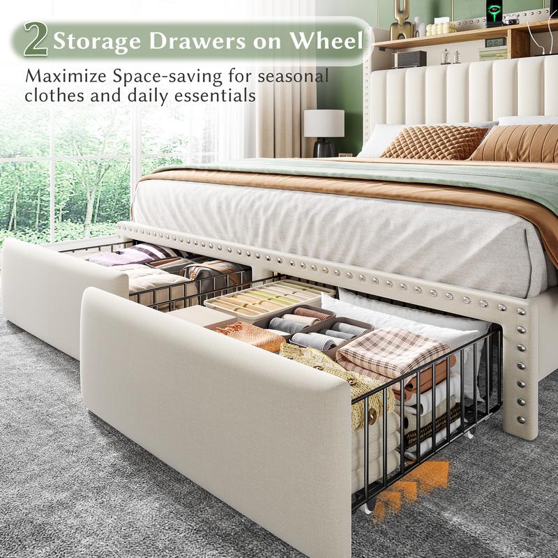 Raybe Furniture Upholstered Bed Frame with LED & Charging Station & 2 Drawers, MATTRESS NOT INCLUDED, Twin, Full, King, Queen Size Bed Frame with Headboard &Shelves, Holds 1000 LBS, No Noise