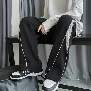 Men’s Spring/Autumn Striped Panel Casual Pants — Trendy High-Street Style, Versatile Athletic Straight-Leg Long Pants