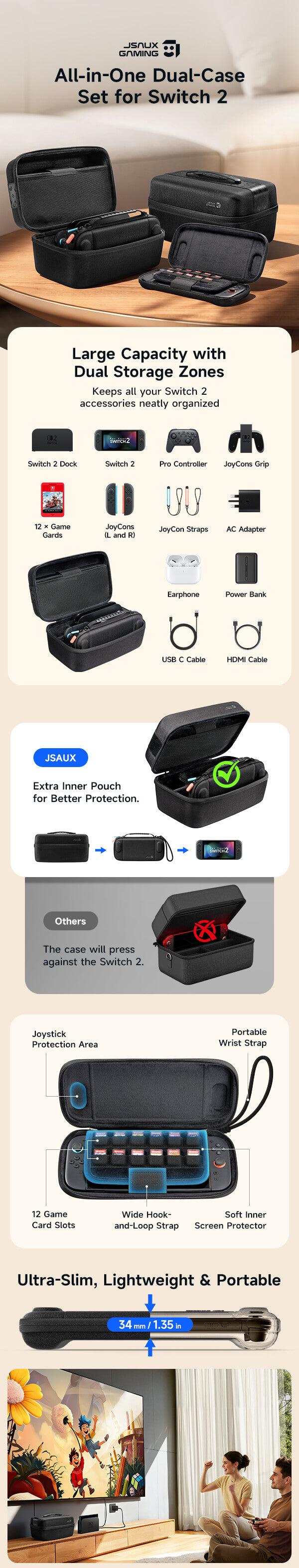 JSAUX Switch 2 Carrying Case for Nintendo Switch 2, Large Hard Shell Travel Case with Separate Small Console Shell (12 Game Card Slots), Full Protection Storage for Switch 2 Accessories, Black