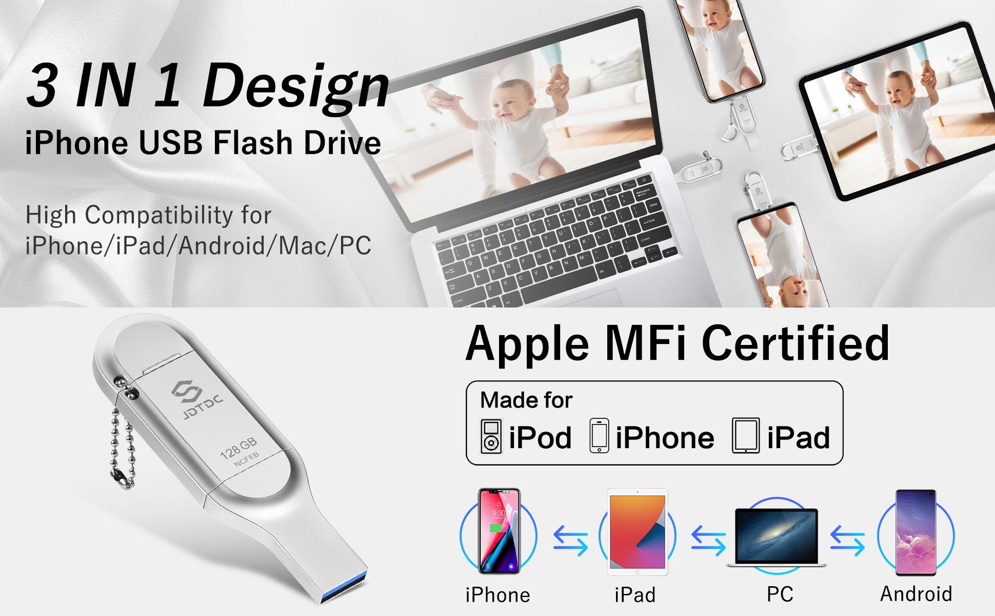 JSL JDTDC Apple MFi Certified Flash Drive, One-Click Backup for Photos Videos and Files, 3-in-1 usb flash drive, Compatible with Phones Tablets and Computers