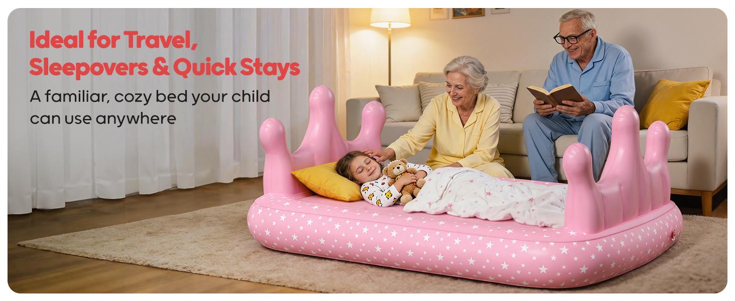 QPAU Princess Inflatable Toddler Bed with Tent, Blow Up Toddler Travel Bed with Sides, Portable Kids Air Mattress for Girls, Ideal for Home, Grandma’s, Camping & Sleepovers – Includes Electric Pump