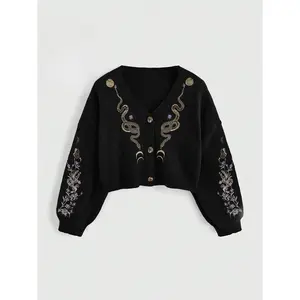 Women's V Neck Gothic Plant Snake Embroidery Sweater, Casual Loose-Fit Short Knitted Cardigan, All Seasons Moderate Fabric, Knitwear Can be used with raincoat