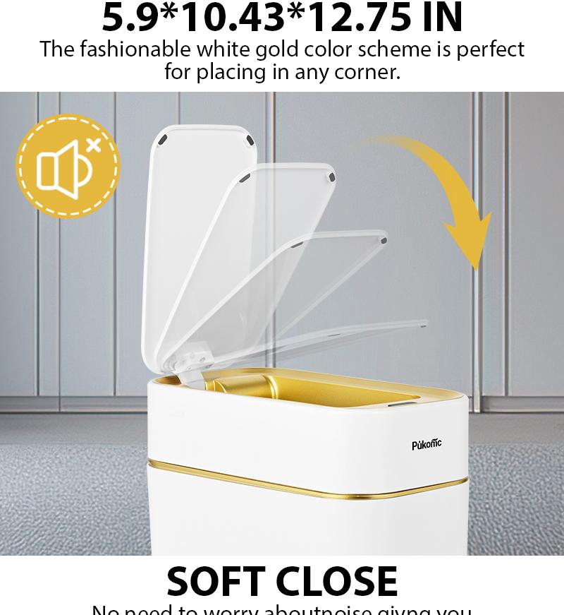 Pukomc Auto-Sensor Trash Bin - Wave & Knee Induction Quick Voiceless Open Removable Liner Battery-Powered Motion Sensor Touchless Waterproof Durable Multipurpose Reusable Automatic Plastic White Gold