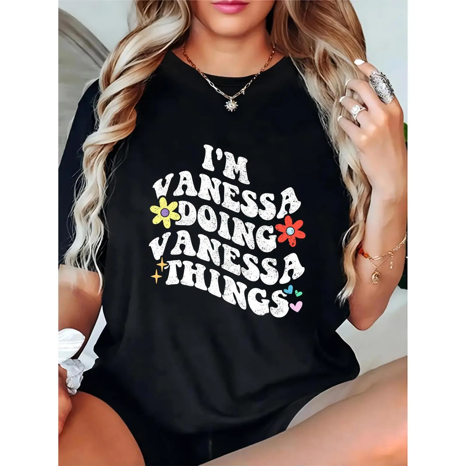 Women's 'I'm Vanessa Doing Vanessa Things' T - Shirt with Floral, Heart & Star Accents - Casual Daily Wear, Personalized Gift for Vanessa Fans