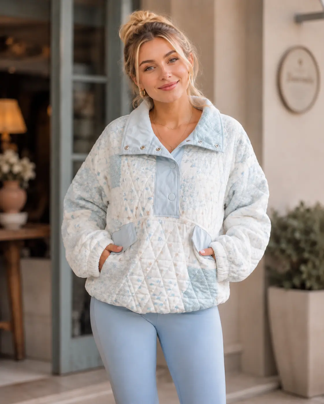 Women's Wildflower Trails Patchwork Quilted Snap Pullover Hoodie - Casual Style, Long Sleeves, Essential, Relaxed Fit Everyday Top