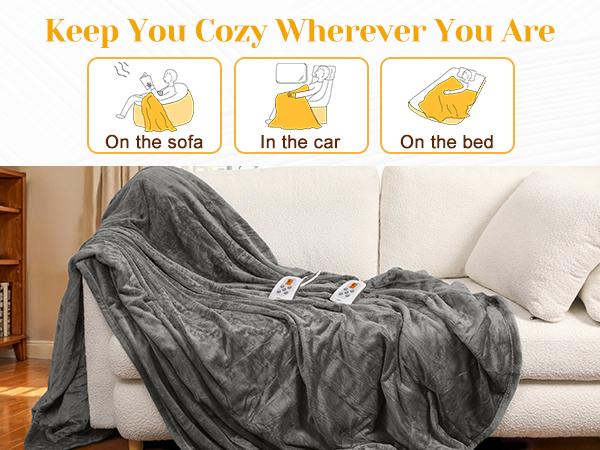 Sunvivi Heated Blanket with Dual Control, Fast Heating Throw with 10 Heating Levels & 0.5-12 Hour Auto-Off, ETL Certified, Machine Washable, Grey