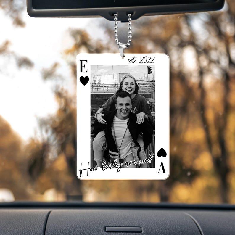Personalized Your Photo Car Hanging Keychain, Drive Safe Gift for Him, Valentine's Day Gift Boyfriend, Couple Playing Card Car Visor Clip