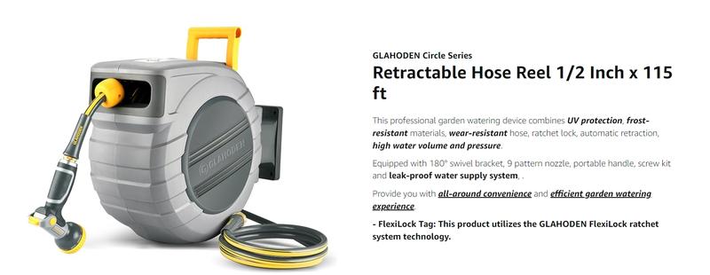 GLAHODEN Retractable Hose Reel, Max 130 FT / 115 FT / 100FT / 65FT Garden Water Hose Reel with 9-Pattern Nozzle, 180° Swivel Bracket Wall-Mounted, Automatic Rewind, Lock at Any Length, with Slow Return System，Optional Metal Bracket