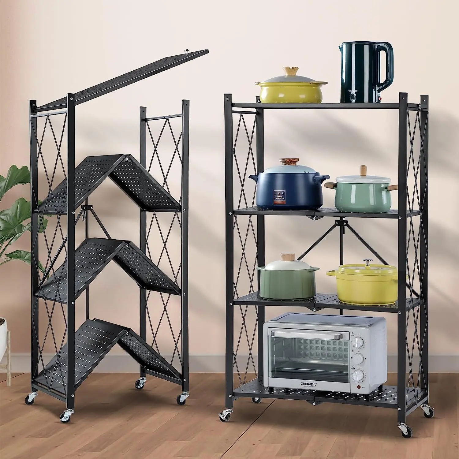 Joybos Collapsible Carbon Steel Storage Organiser - Heavy-Duty Cart with Wheels, No-Assembly Collapsible Rolling Stand, Utility Rack for Garage, Kitchen, Bathroom Storage Shelf,dorm essentials,home decor