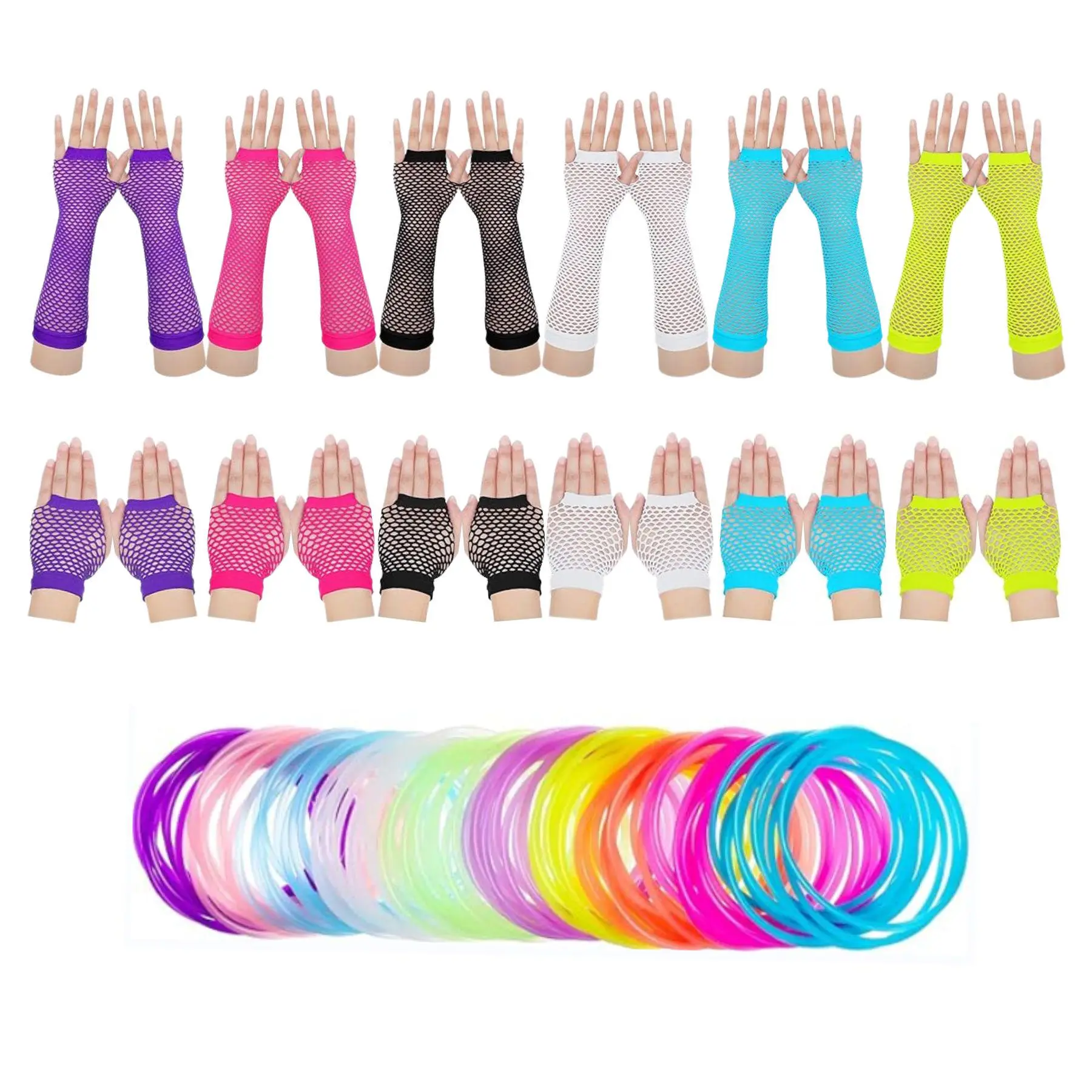 12 Pairs Fishnet Gloves Fingerless Neon Gloves for Women Men 80s Party Costume Accessories Supplies