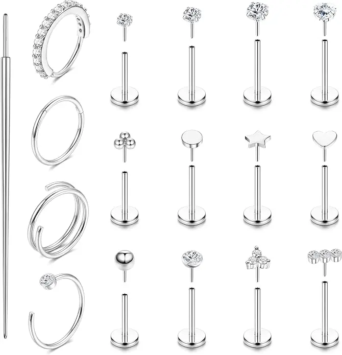 14K Gold Plated Nose Rings Studs Hoops for Women Men 20G 18G Hypoallergenic Surgical Steel Push in Threadless Flat Back Earrings CZ Helix Tragus Lip Cartilage Medusa Nostril Piercing Jewelry
