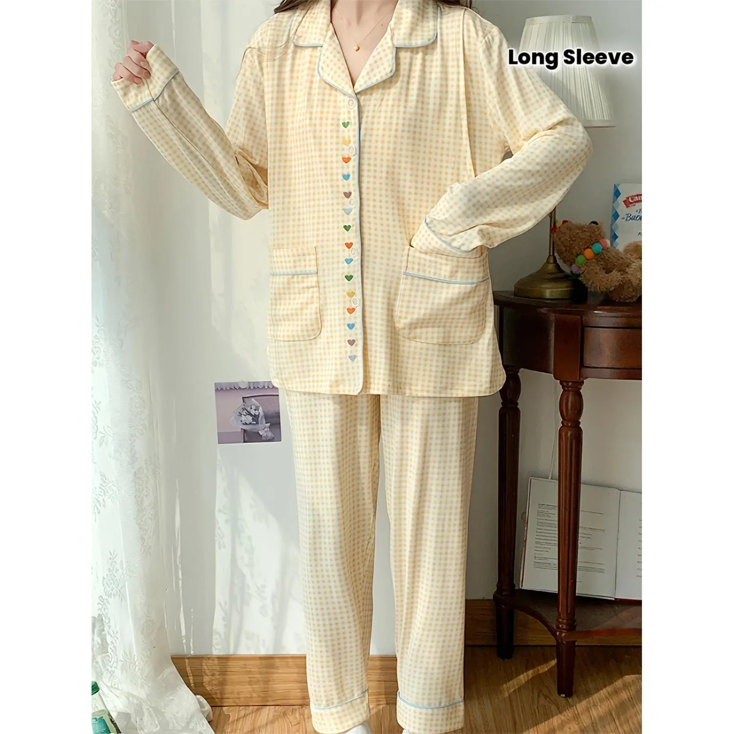 Women'S Plaid Pajamas Comfortable Homewear Set - Cute Checkered Pattern, Long Sleeve, Button-Up Shirt & Pants, All-Season Wear, Casual Loungewear, Casual Loungewear|Check Pattern|Buttonup Top, Pajamas