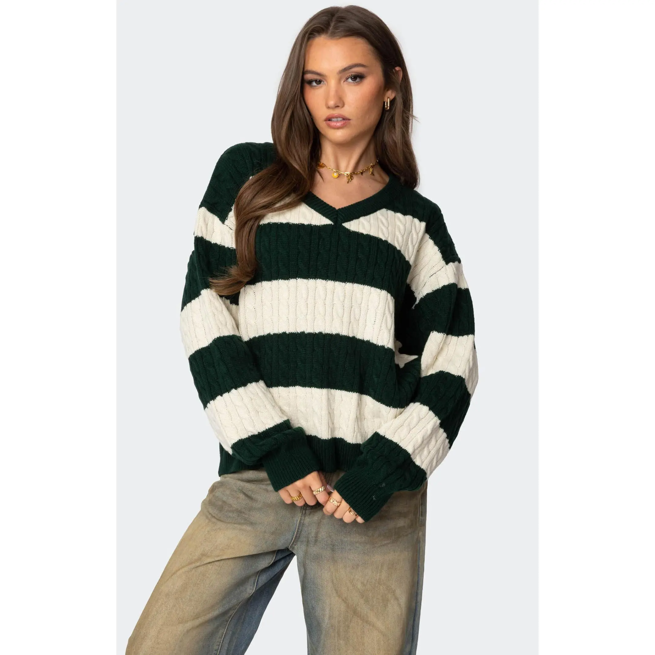 Edikted Women's Oversized Striped Cable Knit Sweater