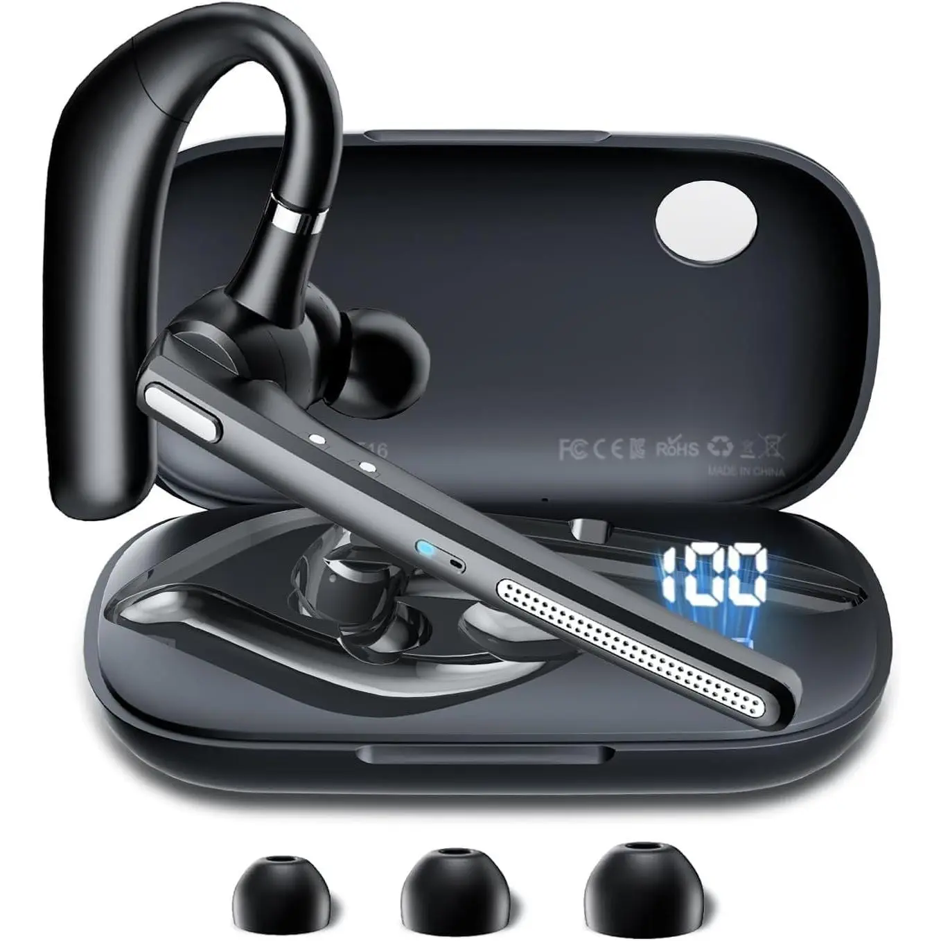 Headset with 72-Hour Talk Time & 500mAh  Case,  V5.3 Headset with Noise Cancelling Mic -  Earpiece Hands-Free Headphones for Office Trucker Driving Business,Black