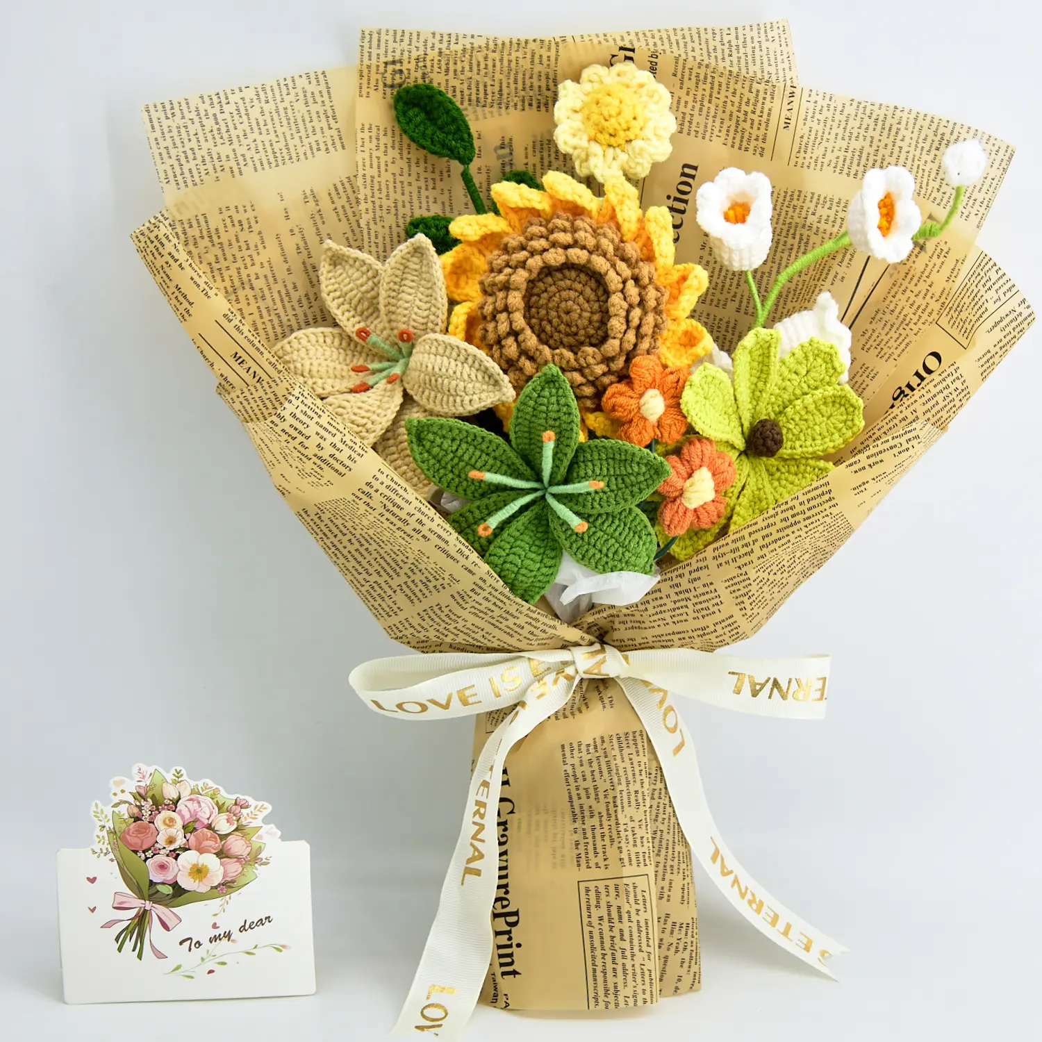 Handmade Crochet Flowers Bouquet Gift for Girlfriend Birthday Wedding Anniversary Just Because Graduation Gift with Sunflower Lily Daisy Forever Flowers for Her with Greeting Card US Fast Shipping Home Decor Fall Colors Halloween Thanksgiving Christmas