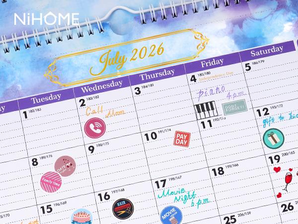 NiHome 2026-2027 Large Wall Calendar with DIY Stickers & Adhesive Hooks, 14.8"x11.5" 18-Monthly Wall Calendar Jan. 2026-Jun. 2027, Detailed Planning Sections, Thick Paper & Robust Metal Wire Binding