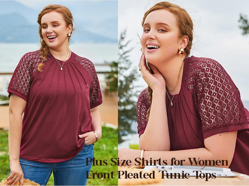 Eytino Plus Size Tops for Women Summer Lace Short Sleeve Crewneck Loose Casual Blouse Tunic T Shirts(1X-5X)
