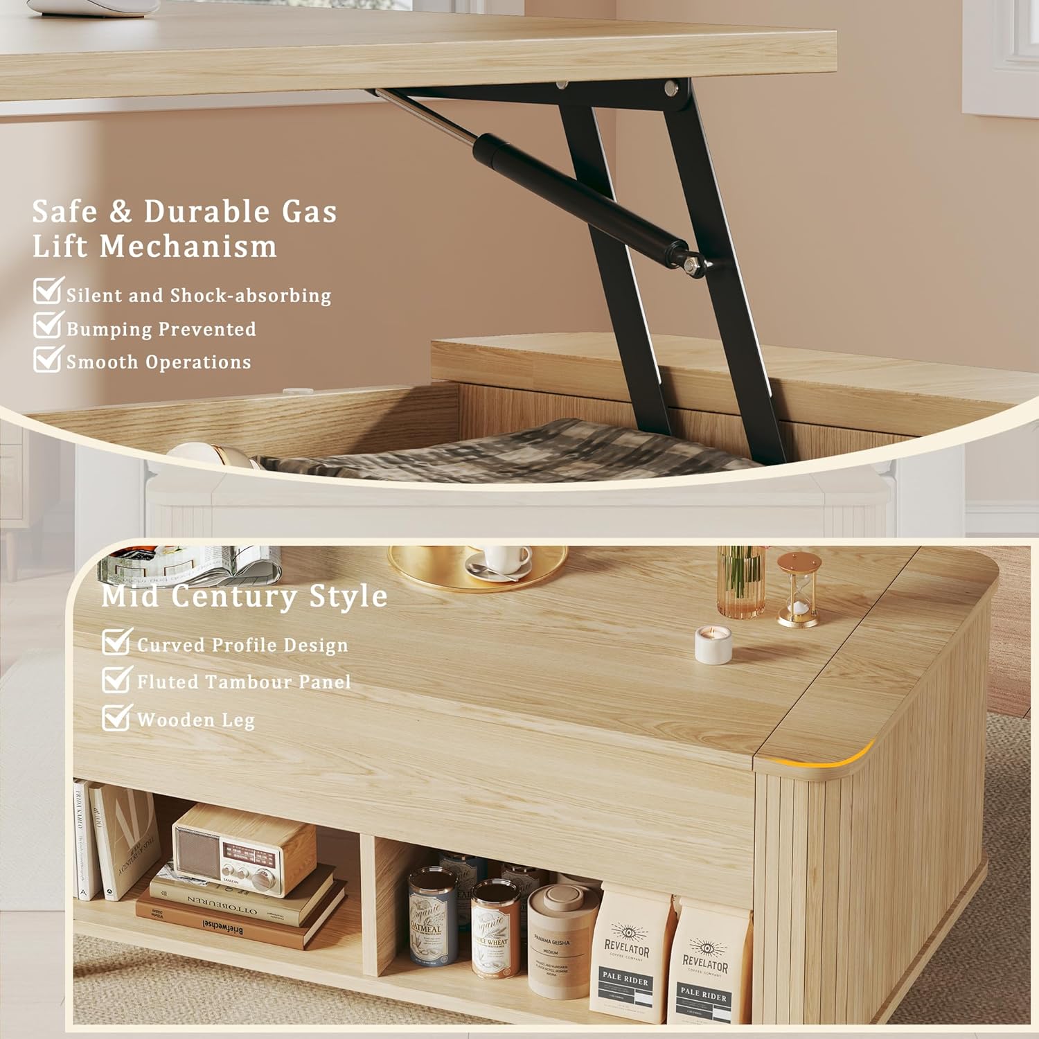 Lift Top Coffee Table with Storage, 41" Mid Century Modern Coffee Table with Fluted & Curved Profile Design, Hidden Storage Compartment, Lower Shelf Center Table for Living Room Office, Oak